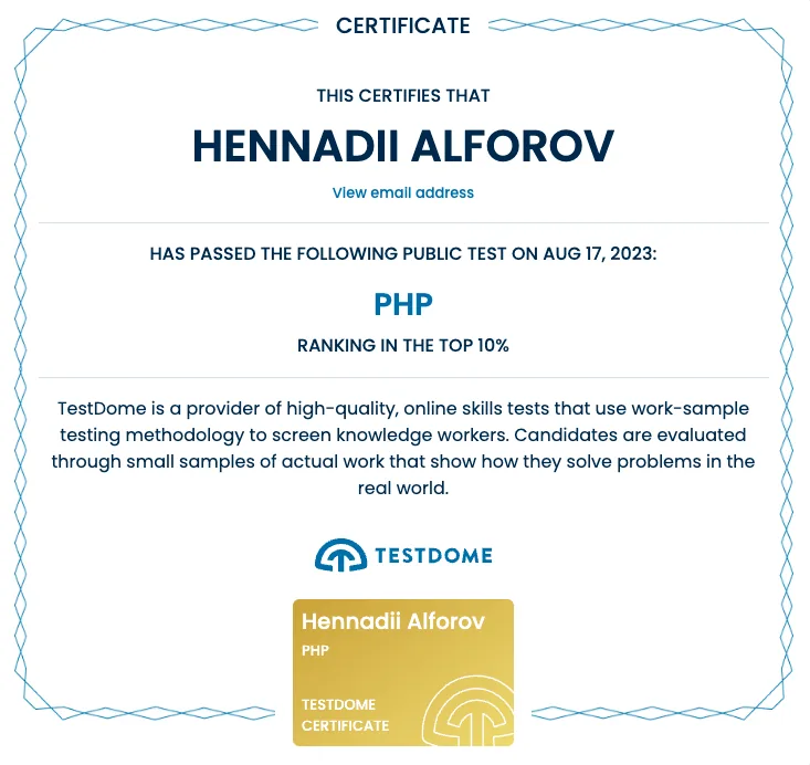 TestDome PHP certificate, top 10%, 2023