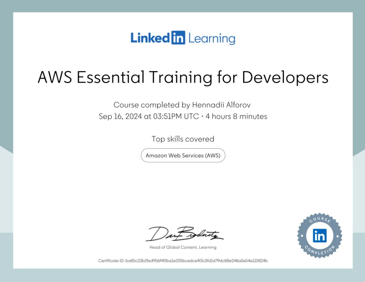 AWS Essential Training for Developers, LinkedIn Learning certificate, 2024